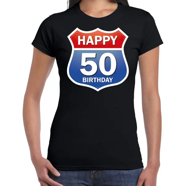 Bellatio Decorations Happy Birthday 50 Jaar / Sarah Verjaardag T-shirt - Zwart - Dames - 50e Verjaardag Route Bordje - Happy Birthday Shirts / Kleding M thumbnail
