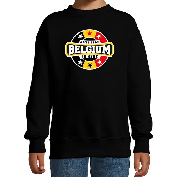 Bellatio Decorations Have Fear Belgium Is Here Sweater Met Sterren Embleem In De Kleuren Van De Belgische Vlag - Zwart - Kids - Belgie Supporter / Belgisch Elftal Fan Trui thumbnail