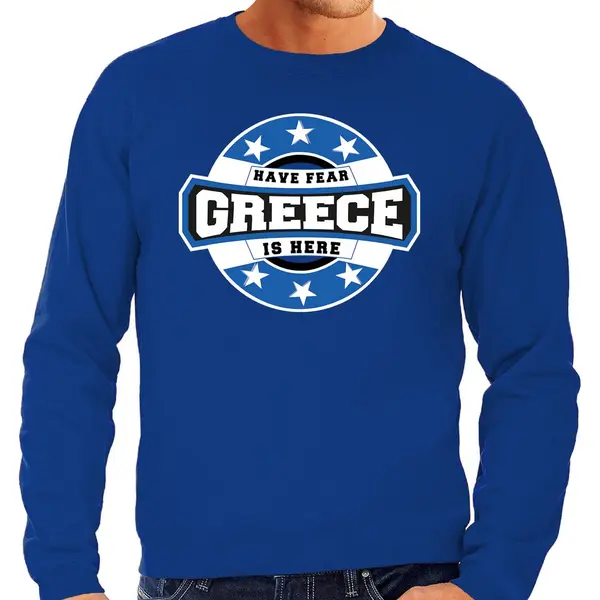 Bellatio Decorations Have Fear Greece Is Here Sweater Met Sterren Embleem In De Kleuren Van De Griekse Vlag - Blauw - Heren - Griekenland Supporter / Grieks Elftal Fan thumbnail