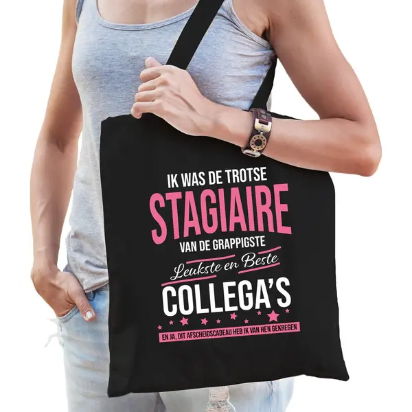 Bellatio Decorations Trotse Stagiaire Van De Leukste Collegas Katoenen Afscheidcadeau Tas Voor Dames - Zwart - Verjaardag - Afscheid Kado Tas Voor Een Stagiaire thumbnail