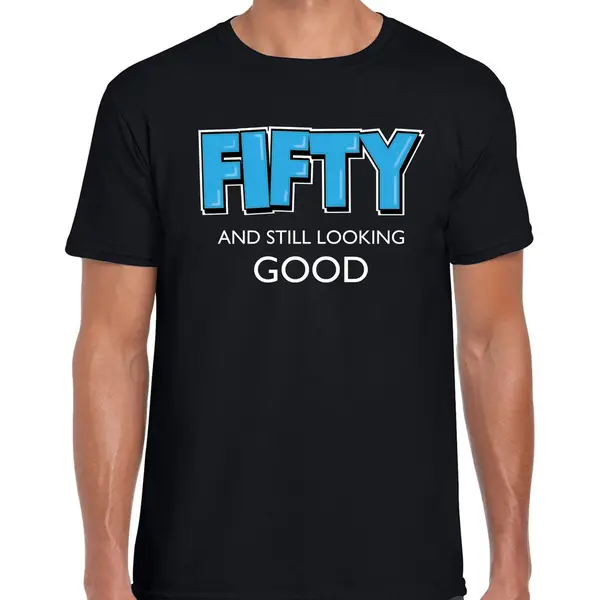 Bellatio Decorations Fifty And Still Looking Good Abraham Cadeau T-shirt / Shirt - Zwart Met Witte En Blauwe Letters - 50 Jaar Kado Shirt Voor Heren - Abraham / Verjaardag thumbnail