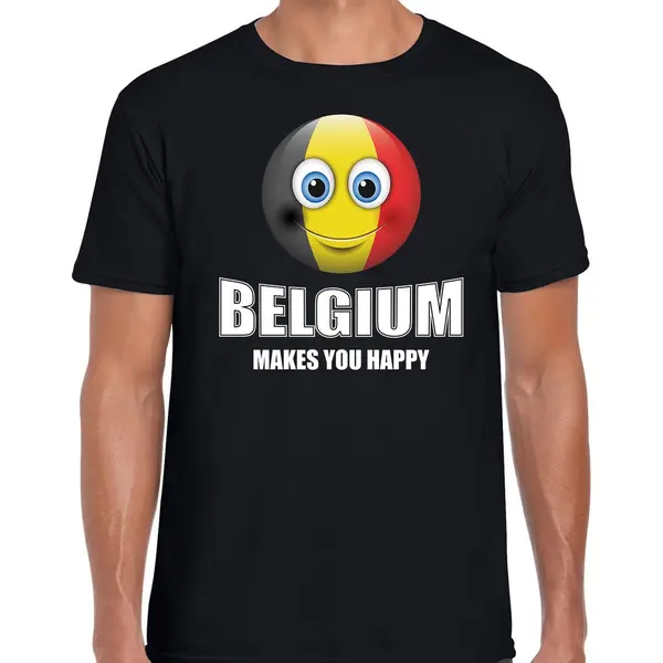 Bellatio Decorations Belgium Makes You Happy Landen T-shirt Belgie Met Emoticon - Zwart - Heren - Belgie Landen Shirt Met Belgische Vlag - Ek / Wk / Olympische Spelen thumbnail
