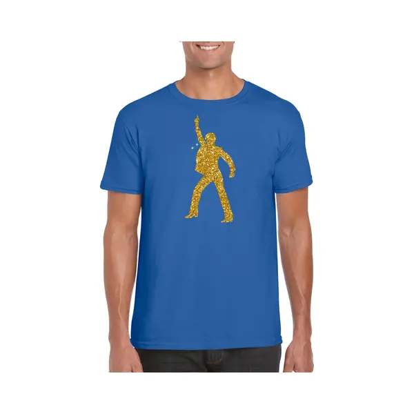 Bellatio Decorations Disco Verkleed T-shirt - Voor Heren - Blauw - Gouden Glitters - Jaren 70/80 - Kleding Xl thumbnail
