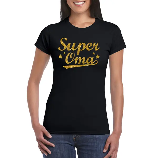 Bellatio Decorations Super Oma Cadeau T-shirt Met Gouden Glitters Op Zwart Dames - Kado Shirt Voor Grootmoeders L thumbnail
