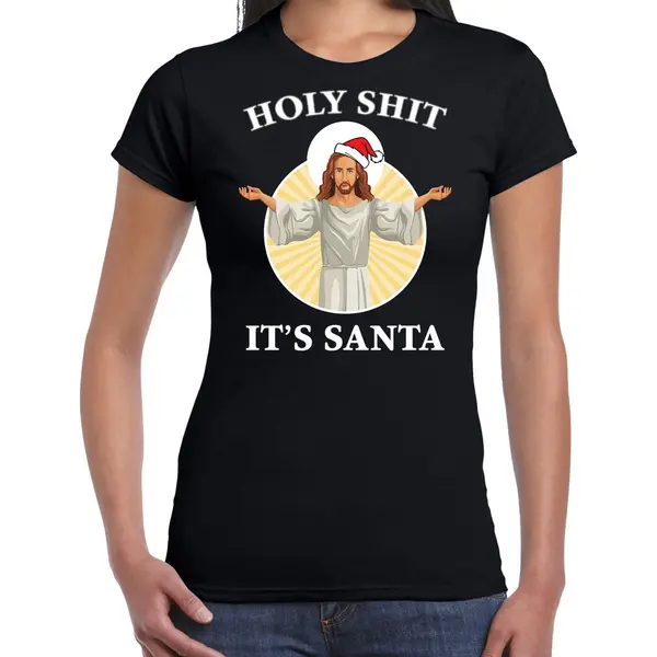 Bellatio Decorations Holy Shit Its Santa Fout Kerstshirt / Kerst T-shirt Zwart Voor Dames - Kerstkleding / Christmas Outfit Xs thumbnail