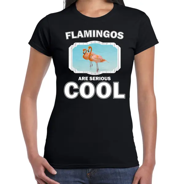 Bellatio Decorations Dieren Flamingo Vogels T-shirt Zwart Dames - Flamingos Are Serious Cool Shirt - Cadeau T-shirt Flamingo/ Flamingo Vogels Liefhebber M thumbnail
