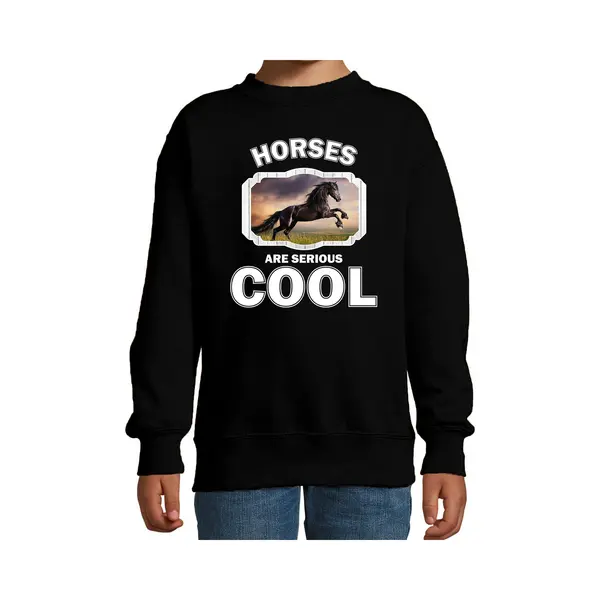 Bellatio Decorations Dieren Paarden Sweater Zwart Kinderen - Horses Are Serious Cool Trui Jongens/ Meisjes - Cadeau Zwart Paard/ Paarden Liefhebber - Kinderkleding / thumbnail