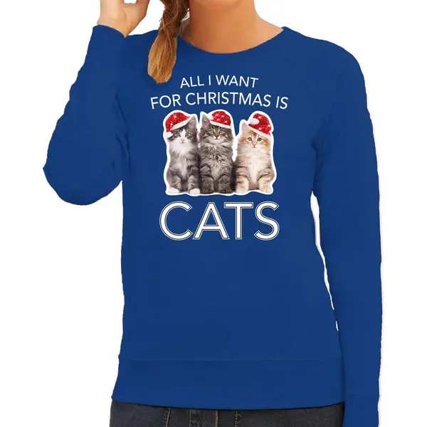 Bellatio Decorations Kitten Kerstsweater / Kersttrui All I Want For Christmas Is Cats Blauw Voor Dames - Kerstkleding / Christmas Outfit L thumbnail