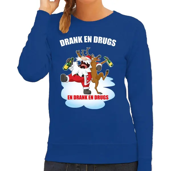 Bellatio Decorations Foute Kerstsweater / Kersttrui Drank En Drugs Blauw Voor Dames - Kerstkleding / Christmas Outfit Xs thumbnail