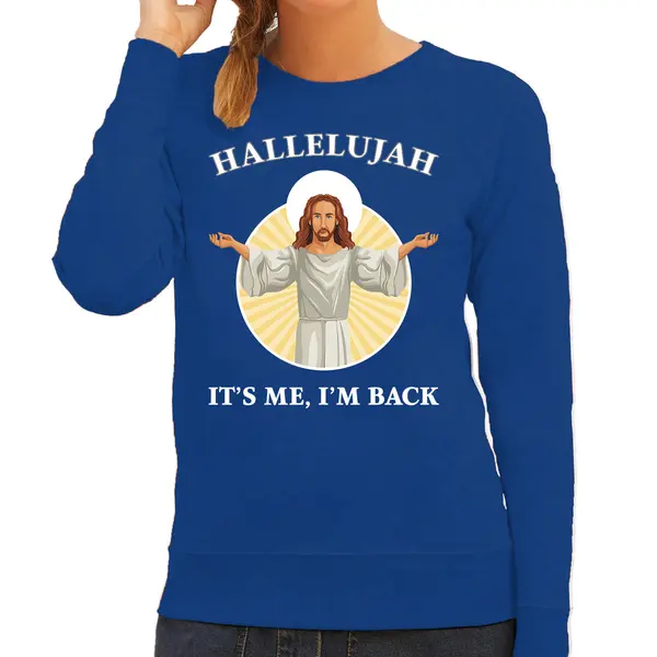Bellatio Decorations Kersttrui - Hallelujah Its Me Im Back - Blauw - Voor Dames - Kerstkleding / Christmas Outfit - Jezus Sweater M thumbnail