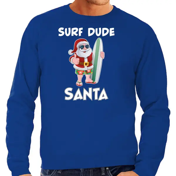 Bellatio Decorations Surf Dude Santa - Fun Kersttrui Sweater - Blauw - Voor Heren - Kerstkleding / Christmas Outfit L thumbnail