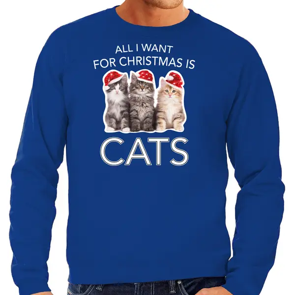 Bellatio Decorations Katten Kitten Kersttrui Sweater - All I Want For Christmas Is Cats - Blauw - Voor Heren - Kerstkleding L thumbnail