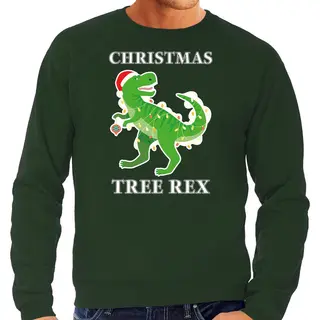 Bellatio Decorations Kersttrui Sweater Christmas Tree Rex - Groen - Voor Heren - Kerstkleding - Dinosaurus L