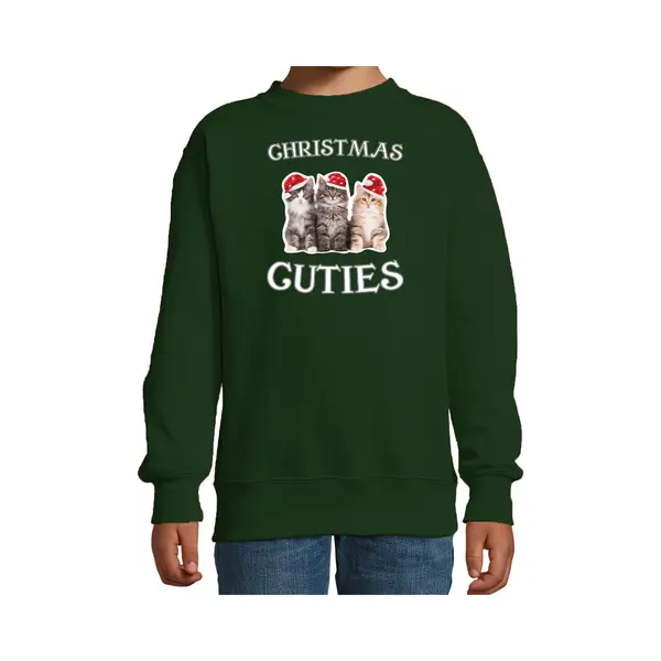 Bellatio Decorations Katten Kittens Kersttrui Sweater - Christmas Cuties - Groen - Voor Kinderen - Kerstkleding - Poezen - Katjes 134/146 thumbnail