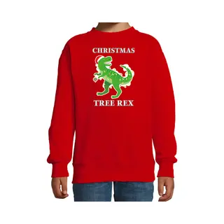 Bellatio Decorations Kerstsweater Christmas T-Rex Dinosaurus - Voor Kinderen - Rood - Kerstkleding - Lange Mouwen 110/116