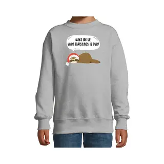 Bellatio Decorations Luiaard Kersttrui Sweater - Wake Me Up When Christmas Is Over - Grijs - Voor Kinderen - Kerstkleding - Dieren 134/146