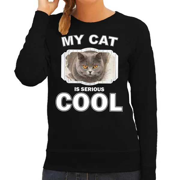 Bellatio Decorations Britse Korthaar Katten Trui / Sweater My Cat Is Serious Cool Zwart - Dames - Katten / Poezen Liefhebber Cadeau Sweaters M thumbnail