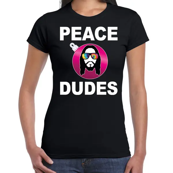 Bellatio Decorations Hippie Jezus Kerstbal Shirt / Kerst T-shirt Peace Dudes Zwart Voor Dames - Kerstkleding / Christmas Outfit M thumbnail