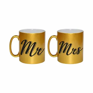 Bellatio Decorations Gouden Mrs En Mr Cadeau Mokken / Bekers Voor Koppels 330 Ml - Keramiek