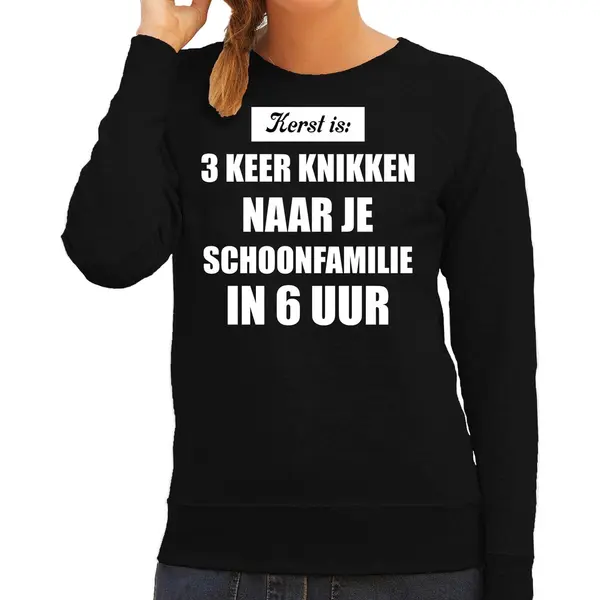 Bellatio Decorations Zwarte Foute Kersttrui / Sweater - Kerst Is 3 Keer Knikken Naar Schoonfamilie - Dames - Kerstkleding / Christmas Outfit L thumbnail