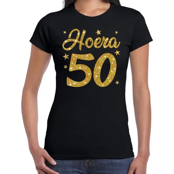 Bellatio Decorations Hoera 50 Jaar Verjaardag Cadeau T-shirt - Goud Glitter Op Zwart - Dames - Sarah Cadeau Shirt L thumbnail