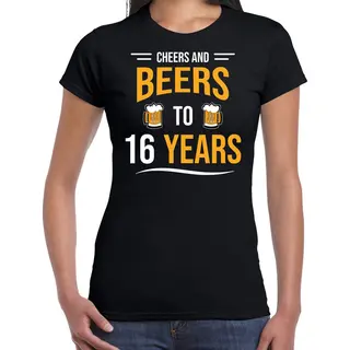 Bellatio Decorations Cheers And Beers 16 Jaar Verjaardag Cadeau T-shirt Zwart Voor Dames - 16e Verjaardag Kado Shirt / Outfit Xl