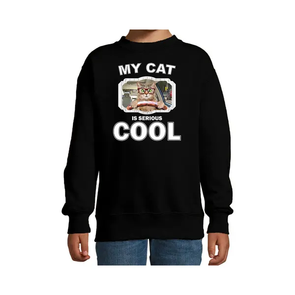 Bellatio Decorations Auto Rijdende Katten / Poezen Trui / Sweater My Cat Is Serious Cool Zwart - Kinderen - Katten Liefhebber Cadeau Sweaters - Kinderkleding / Kleding thumbnail