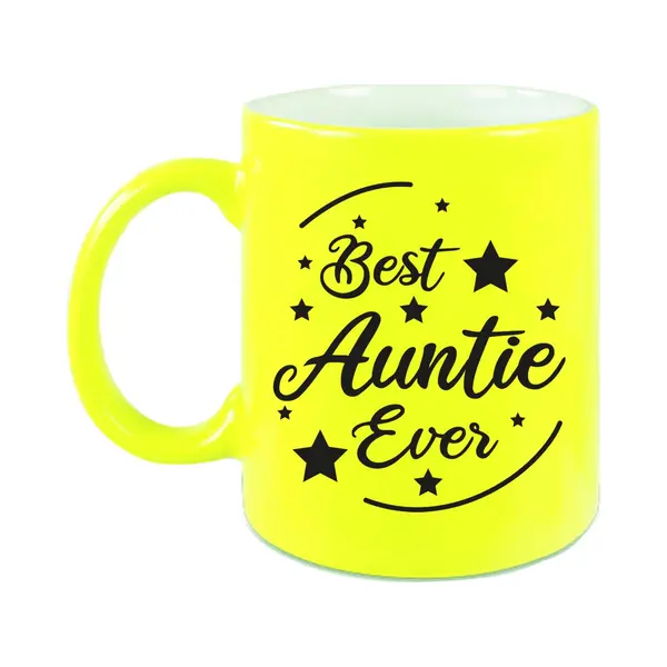 Bellatio Decorations Best Auntie Ever Cadeau Mok / Beker - Neon Geel - 330 Ml - Verjaardag / Bedankje Tante thumbnail