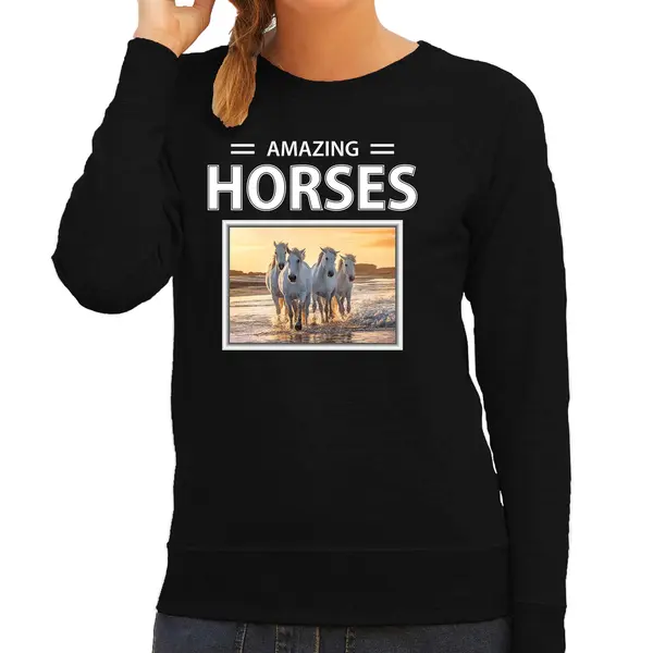 Bellatio Decorations Dieren Foto Sweater Wit Paard - Zwart - Dames - Amazing Horses - Cadeau Trui Witte Paarden Liefhebber S thumbnail