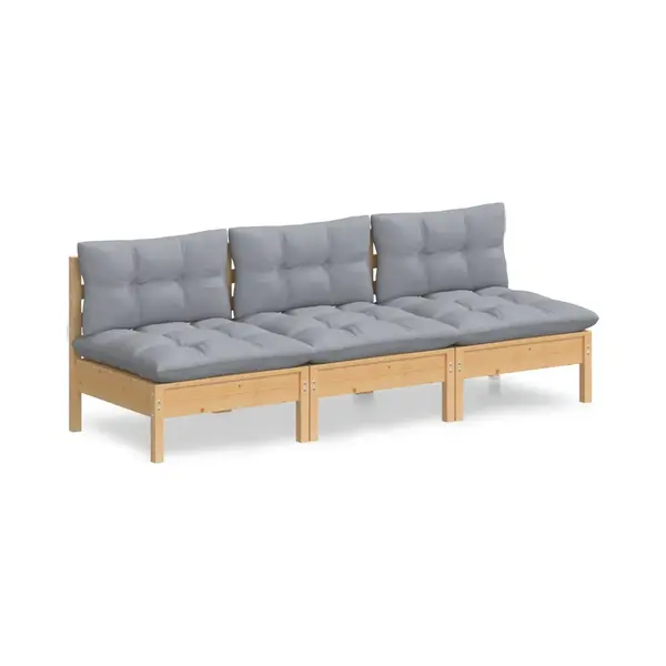 3-sitzer-gartensofa Mit Grauen Kissen Massivholz Kiefer - Vidaxl thumbnail