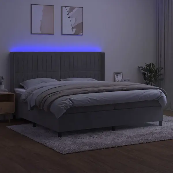 VidaXL Boxspringbett Mit Matratze & Led Hellgrau 200x200 Cm Samt thumbnail