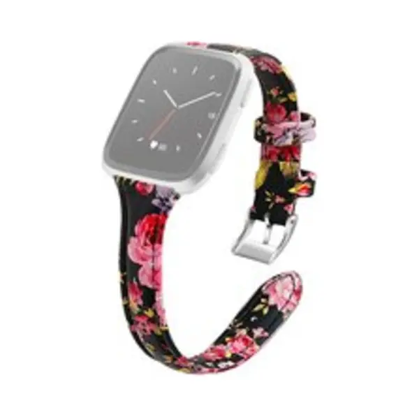 By Qubix Geschikt Voor Fitbit Versa 1 - 2 & Lite Bandje Tpu Leer - Bloemenprint Zwart Smartwatchbandje Bandje Armband Polsband Strap Band Watchband thumbnail