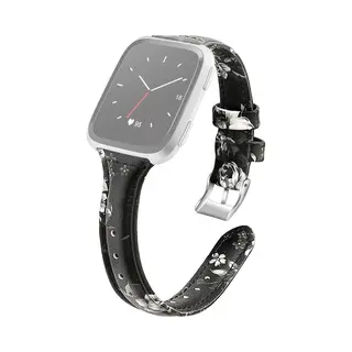 By Qubix Geschikt Voor Fitbit Versa 1 - 2 & Lite Bandje Tpu Leer - Bloemenprint Zwart - Grijs Smartwatchbandje Bandje Armband Polsband Strap Band