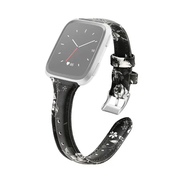 By Qubix Geschikt Voor Fitbit Versa 1 - 2 & Lite Bandje Tpu Leer - Bloemenprint Zwart - Grijs Smartwatchbandje Bandje Armband Polsband Strap Band thumbnail