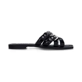 Sacha - Dames - Zwarte Leren Buckle Slippers - Maat 39