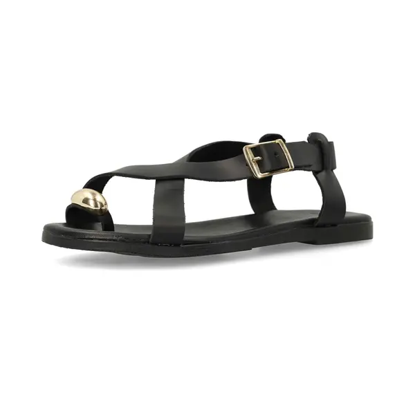 Manfield Schwarze Ledersandalen Mit Goldfarbenem Detail thumbnail