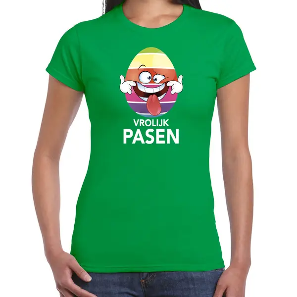 Bellatio Decorations Paasei Die Tong Uitsteekt Vrolijk Pasen T-shirt / Shirt - Groen - Dames - Paas Kleding / Outfit M thumbnail