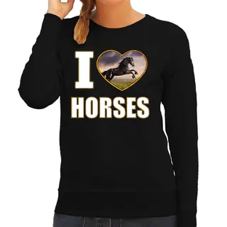 Bellatio Decorations I Love Horses Sweater / Trui - Met Dieren Foto - Van Een Paard - Zwart - Voor Dames - Paarden Liefhebber - Cadeau S