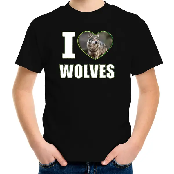 Bellatio Decorations I Love Wolves T-shirt - Met Dieren Foto - Van Een Wolf - Zwart - Voor Kinderen - Wolven Liefhebber - Kinderkleding / Kleding 134/140 thumbnail