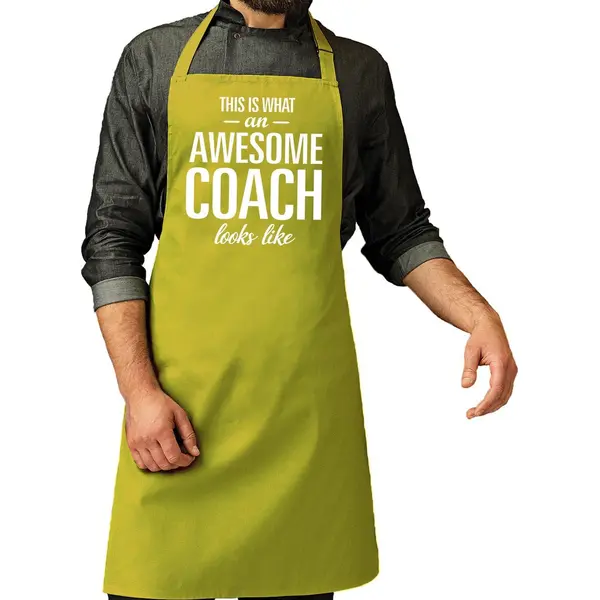 Bellatio Decorations Awesome Coach Cadeau Bbq/keuken Schort Lime Groen Voor Heren - Kado Barbecue Schort - Verjaardag thumbnail