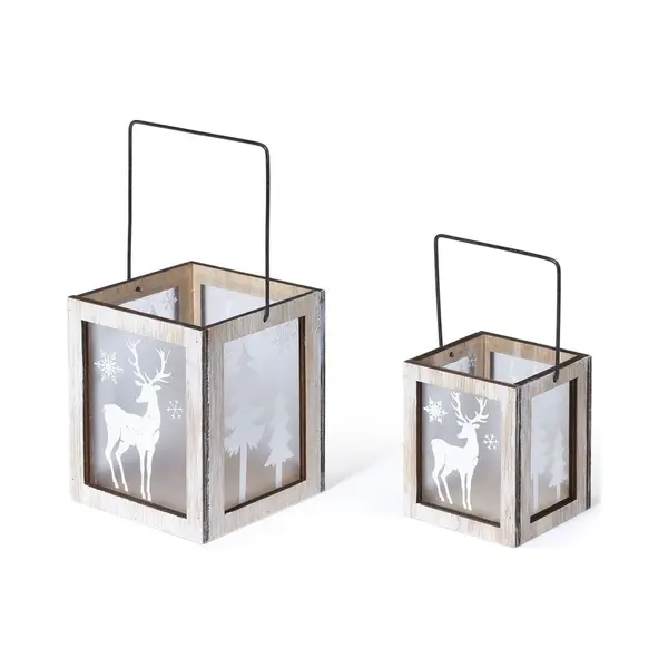 Christmas wood Set Van 2x Stuks Kerst Lantaarns/windlichten Met Rendieren Print 8, 5 En 11 Cm - Kerstdecoratie/kerstversiering thumbnail