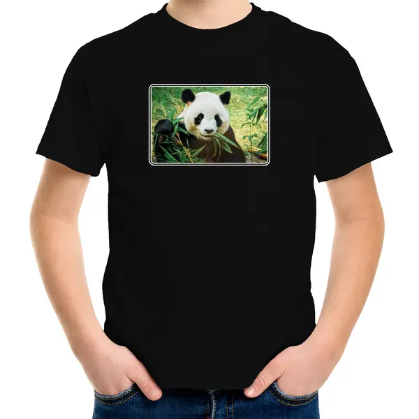 Bellatio Decorations Dieren Shirt Met Pandaberen Foto - Zwart - Voor Kinderen - Natuur / Panda Cadeau T-shirt 110/116 thumbnail