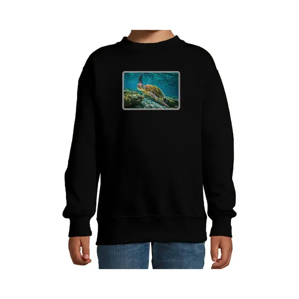 Bellatio Decorations Dieren Sweater Met Schildpadden Foto - Zwart - Voor Kinderen - Natuur / Zeeschildpad Cadeau Trui 134/146 thumbnail