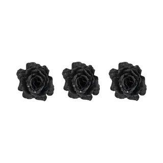 Cosy&Trendy 4x Stuks Decoratie Bloemen Roos Zwart Glitter Op Clip 10 Cm - Decoratiebloemen/kerstboomversiering/kerstversiering