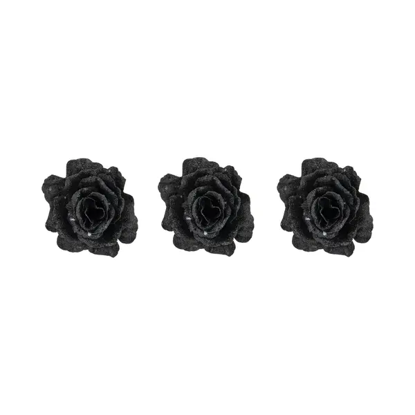 Cosy&Trendy 4x Stuks Decoratie Bloemen Roos Zwart Glitter Op Clip 10 Cm - Decoratiebloemen/kerstboomversiering/kerstversiering thumbnail