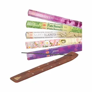 Wierookhouder Houten Plankje Boeddha Pakket Met 100x Stokjes Wierrook Witte Salie, Lotus, Anti Stress, Opium, Patchouli