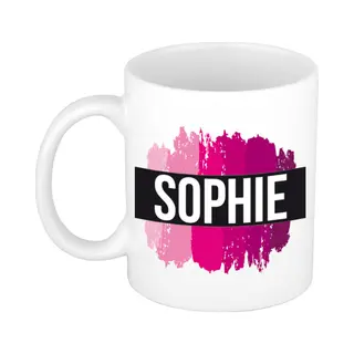 Bellatio Decorations Sophie Naam Cadeau Koffie Mok - Beker - Met Roze Verfstrepen - Cadeau Collega - Moederdag - Verjaardag - Juf - Coach - 300 Ml - Wit