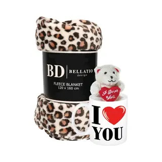 Bellatio Design Valentijn Cadeau Set - Fleece Plaid/deken Luipaard Print Met I Love You Mok En Beertje - Cadeau Vrouw, Vriendin, Geliefde