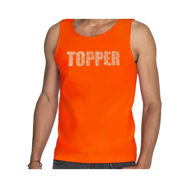 Bellatio Decorations Glitter Topper Tanktop Oranje Met Steentjes/ Rhinestones Voor Heren - Glitter Kleding/ Foute Party Outfit L thumbnail