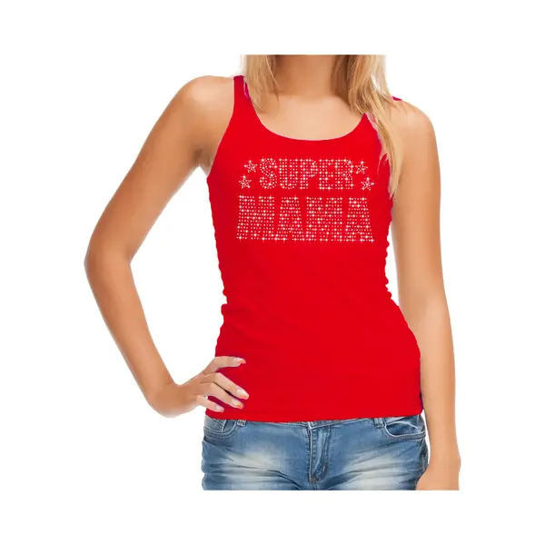 Bellatio Decorations Glitter Super Mama Tanktop Rood Met Steentjes/ Rhinestones Voor Dames - Moederdag Cadeaus - Glitter Kleding/ Foute Party Outfit S thumbnail